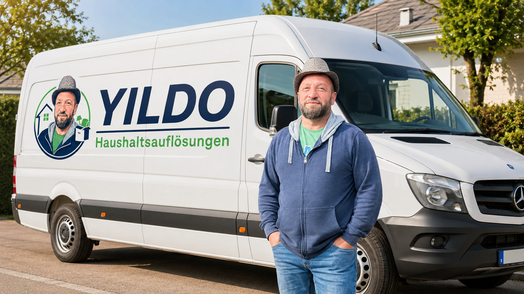 YILDO Haushaltsauflösungen – Inhaber vor Transporter in Schwetzingen